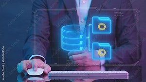 Data Storage icon, Document Management concept for system or process used to capture, track and store electronic documents. Businessman shows database icon with two folders on virtual screen. Stock Video