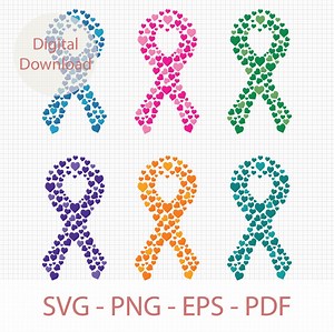 Cancer Awareness Ribbon Bundle, Breast Cancer Awareness Heart Svg, Pink Ribbon Heart Cut File, Fight Cancer Png, Heart Shaped Ribbons Svg - Etsy