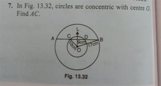 In Fig. 13.32, circles are concentric with centre O. Find AC. ... | Filo
