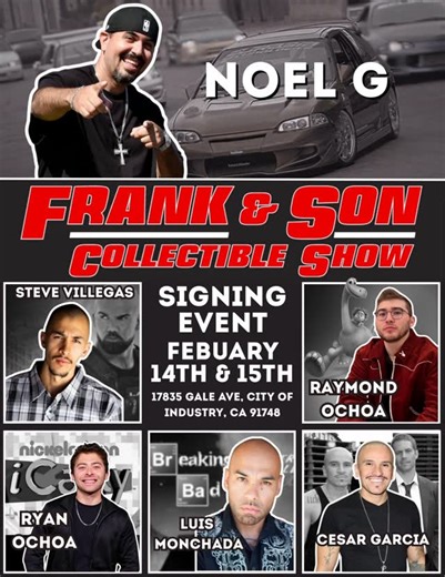 Frank & Son Collectible Show on Instagram: "Signing event featuring Noel G, Steve Villegas, Raymond Ochoa, Ryan Ochoa, Luis Monchada and Cesar Garcia will be at Frank and Son on February 14, from 9-6pm February 15, from 10-6pm You can see them in our exhibit center located at the end of Aisle 700. See you soon!"
