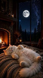 Cozy Fireplace Cat 🌙🐱 | Sleeping Under the Super Moon | MoonPurr🌙