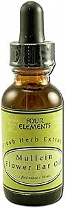 Four Elements 4E Mullein Flower Ear Oil, 100% Certified Fresh Organic Herb Extract, 1 FL OZ