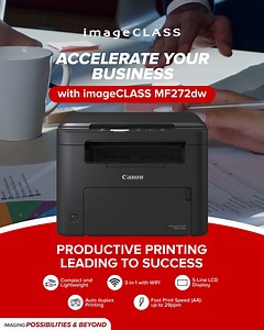58 reactions · 23 comments | PRODUCTIVE PRINTING LEADING TO SUCCESS WITH THE #IMAGECLASS #MF272DW! Compact 3-in-1 Mono Multifunction Printer for Home and Home Office needs! ✅COMPACT AND LIGHTWEIGHT ✅3-IN- 1 WITH WIFI ✅5-LINE LCD DISPLAY ✅AUTO DUPLEX PRINTING ✅FAST PRINT(A4): UP TO 29PPM Learn more: https://ph.canon/en/consumer/imageclass-mf272dw/product Visit the Canon Authorized Stores near you! #TeamCanonPH | Canon Philippines | Facebook
