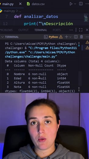 Programa con Mica on Instagram: "Usar la libreria pandas para analizar datos de un archivo CSV import pandas as pd def analizar_csv(nombre_archivo): df = pd.read_csv(nombre_archivo) print(“Primeras 5 filas del DataFrame:”) print(df.head()) print(“\nDescripción estadística:”) print(df.describe()) print(“\nInformación del DataFrame:”) print(df.info()) analizar_csv(‘datos.csv’) Explicación: Usamos pandas para leer un archivo CSV y mostrar las primeras filas, estadísticas descriptivas y la informaci