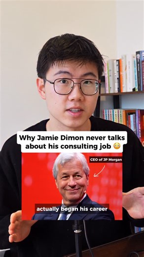 Gary Guo on Instagram: "Jamie Dimon is the most powerful banker in the world. But his career didn’t start the way you think. Before JPMorgan, Jamie was a consultant at a second-rate firm — and he hated it. So why does he never talk about it? And how did it shape the way he leads JPMorgan today? Follow along to find out! #career #corporate #consulting #finance #ceo"