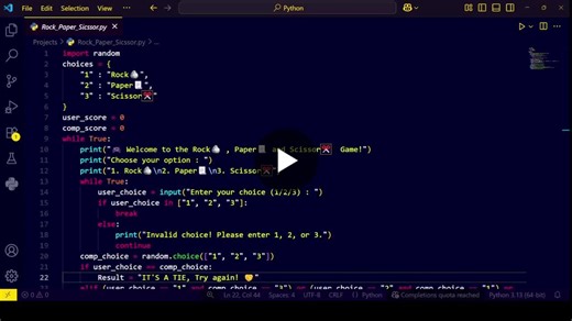 Completed Rock, Paper, Scissors game in Python with scoreboard and input validation. | Yashashwini Yendeti posted on the topic | LinkedIn