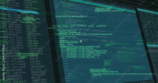 Computer monitor showing code editor with green entries and white code snippets in flat design