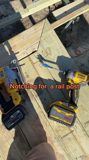 Notching method. I use this process when notching for 4x4 railing posts.#dewalt #dewalttools #dewaltjigsaw #dewaltimpactdriver #dewaltdrill #cedardeck #decking #deckbuilding #deckbuilder #deckbuildinprogress #pinedeck #carpentersoftiktok #construction #carpentryhack #homedepot #screammovie