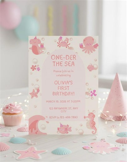 Pink Under the Sea Birthday Invitation, Ocean Animals, Editable Canva Template, Oneder the Sea Invite - Etsy