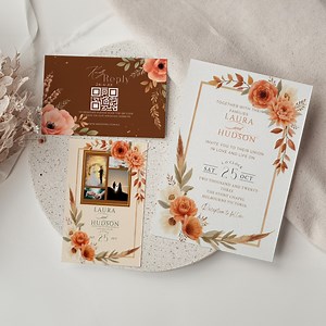 Terracotta Wedding Invitation Suite, Burnt Orange Floral, QR Code RSVP (editable Template) - Etsy