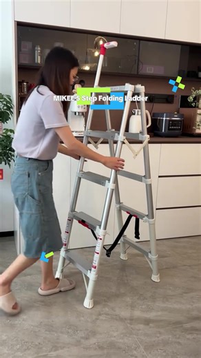 MIKEE Step Ladder 5 Step Folding Telescoping, Tool Storage Handrail & Safety Lock, Wide Anti-Slip Pedals, One-Click Collapse (Folds to Retract), 600lbs Aluminum, for Home/Office/Outdoor