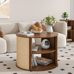 Round Coffee Table with Storage Shelf Rustic Small Circular Coffee Table, Sackcloth Finish, Black - Walmart.com