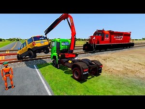 BeamNG Drive: Trains Smash Cars at Crossing & Plunge Into Lava Pit