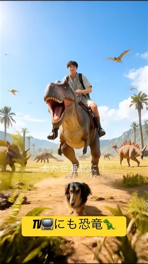 病人おっさんと愛犬のんびりしてたらまた白亜紀にタイムスリップ💦TV📺にも恐竜🦖が！ #いぬ