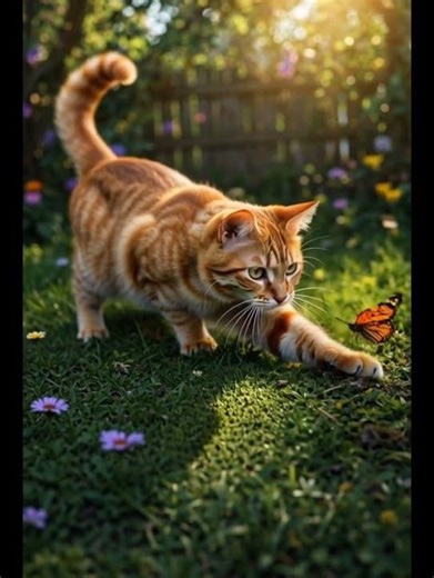 the moment cat catching butterfly in garden