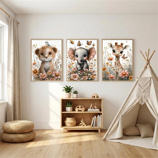 Boho Safari Nursery Art Set | Watercolor Baby Animals, Wildflowers (digital Download) - Etsy