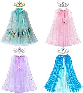 Latocos 8Pcs Princess Cape Girls Princess Cloak with Tiara Crown for Little Girls Dress up Pretend Play Christmas Cosplay Party Accessories