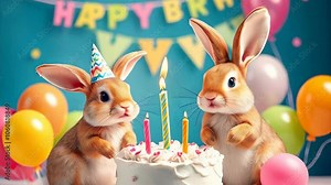 Two adorable rabbits celebrating a birthday with a decorated cake, candles, balloons, and a Happy Birthday banner, creating a festive scene.
