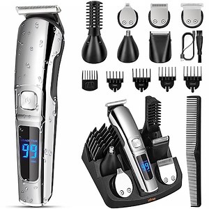 Set Aparat de tuns barba si parul profesional, Ultrixe, 6-in-1, Wet&Dry, nas, Spranceana, ureche, tuns corporal, 5 piepteni, 4 aparat de ras, IPX7 rezistent la apa, lame din otel cu auto-ascutire, autonomie 90 minute, Negru / Argintiu - eMAG.ro