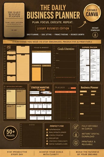 Luxury Daily Business Planner| Digital Editable Canva Planner - Etsy