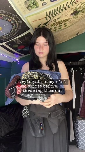 I have way too many skirts for someone who doesnt like to wear short skirts 💔 but i think ill keep this one. But now i have to try wearing the other 15. #closetcleanout #ootd #alttiktok #denimskirtoutfit #outfitideas #ootd #grwm #miniskirt #springoutfitideas #midsizefashion