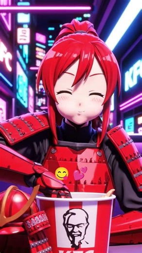 samurai puyo eating chicken nuggets farting| 3D version KFC neon Tokyo.