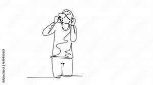 Animated self drawing of continuous line draw young happy husband and wife couple holding heart shape paper and cover the eyes together. Marriage anniversary concept. Full length single line animation