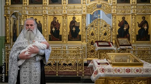 Sacred Ceremony: An elderly priest, holding an infant, officiates a baptism within a richly adorned church interior, symbols of faith and heritage, signifying spiritual devotion.