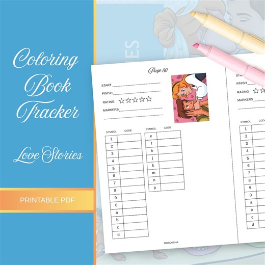 Coloring Book Tracker Love Stories Tome Printable Color by Number Page Tracker Marker Color Code PDF Coloring Log Instant Download Digital