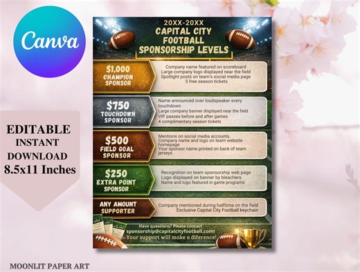 Editable Football Sponsorship Levels Template, Football Team Sponsor Form - Etsy