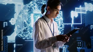 System administrator developing artificial intelligence neural networks architecture inspired by human brain. Cloud computing company executive setting up AI machine learning algorithms