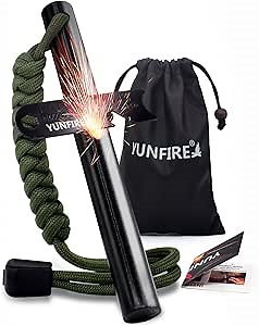 YUNFIRE Fire Starter-6" x 1/2" Thick Ferro Rod with Multi-Tool Striker & Type 550 Paracord, 30,000+ Strikes, Drilled Flint Fire Steel for Emergency Survival, Camping, Hiking