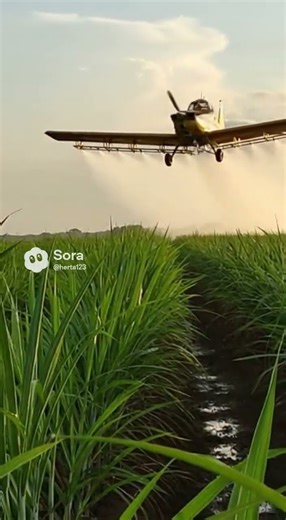 documentary-style shot of a crop-dusting airplane spraying pesticides over healthy sugarcane fields