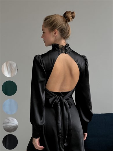Black Satin Mini Dress With High Neck and Long Puff Sleeves, Elegant Open Back Party Dress, Fitted Waist Cocktail Dress - Etsy