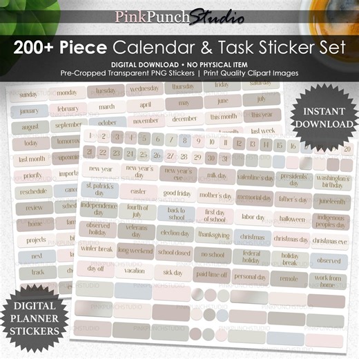 200+ Calendar & Task Stickers for Digital Planners | Neutral PNG Planner Stickers | Holidays, Months and Date Labels | Soft Reset - Etsy