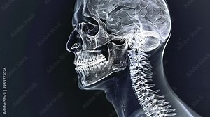 X ray image of a human head showing the skull, brain, teeth, jaw, and cervical spine, illustrating medical diagnostics and healthcare