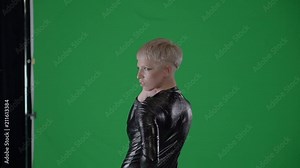 a portrait of an unusual and young woman with short hair and arrows in front of her eyes, a lady looks like a strange super hero from comic books about aliens