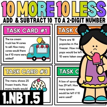 1st Grade | 10 More 10 Less Word Problems | Task Cards | Ice Cream