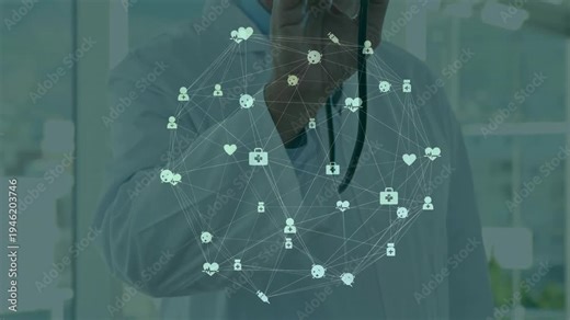 Senior male doctor raising stethoscope into icon sphere at clinic window wearing white lab coat