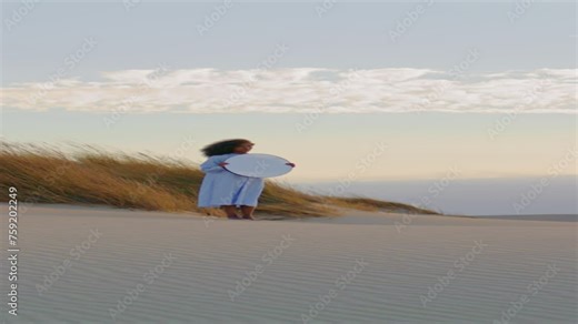 Woman mirror standing sand desert evening vertical. Girl posing in front sky