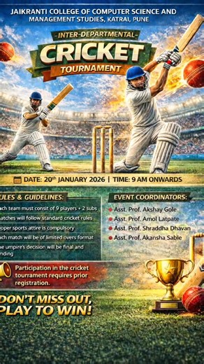 Jaikranti College of Computer Science and Management Studies on Instagram: "🏆 Jaikranti Sports Meet 2025–26 | Grand Finale 🔥🏏🏃‍♂️ From the first whistle to the final cheer — Jaikranti Sports Meet 2025–26 came to a powerful close! 🏆🔥 What started with energy and excitement turned into days filled with grit, teamwork, discipline, and true sportsmanship. Every run, every catch, every sprint, and every cheer reflected the unbreakable spirit of Jaikranti 💪 This final day wasn’t just about winn