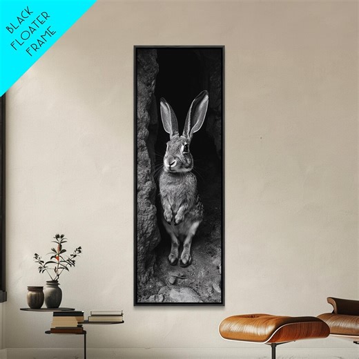Rabbit Cave, Black and White Bunny, Woodland Animal Portrait, Framed Canvas Print, Nursery Wall Art, Cottagecore Decor, Easter Aesthetic - Etsy