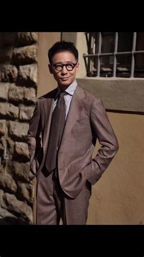 Carmurat on Instagram: "•Tawny Sharkskin Suit (100% 130‘s worsted wool in 280g/m by Scabal) •Hand-stitched brown Stripe Shirt（100% cotton by Monti） ·Dark Chocolate Flannel Tie (100%Wool by Drago ” Rugby Flannel ） All items are from the CM2026 collection. Online now at www.carmurat.com #menswear #mnswr #classic #sartorial #mensstyle"