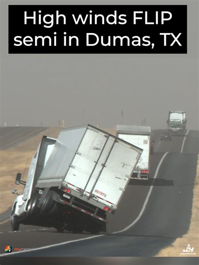 Watch the moment a semi truck FLIPS due to high winds in Dumas, TX today. These same winds, along with very low humidity and dry fuels are responsible for extremely critical weather danger today across the High Plains. #myradar #weathernews #stormchasing #extremeweather #crosswinds #windgusts #dumastx #texasweather #trucking #truckers