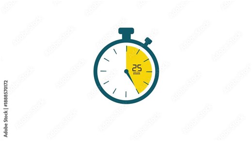 25 Minute Analog Clock Icon Animation - 25 Minutes Time Duration and Schedule Concept on Flat Animated Clock.