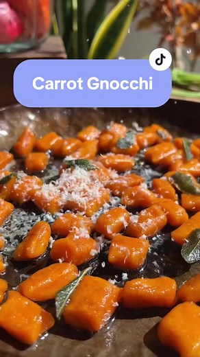 Homemade Carrot Gnocchi 😍🥕 RECIPE: 1 lb(450g) carrots 2 cups (250g) tipo 00 flour (or all purpose flour) 1 egg yolk 1 teaspoon kosher salt Wash, peel, and steam or boil carrots for 15-25 minutes, until fork tender. Drain carrots completely and pat dry with a kitchen towel, removing as much moisture as possible. Mash, rice, or food process/blend your carrots, and let the steam evaporate and wait until the carrots are just warm, not hot. Combine the carrot puree, egg yolk, salt and flour with a