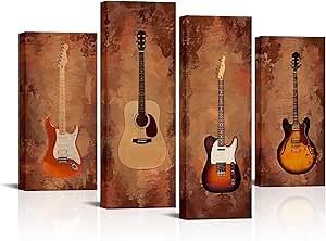 Conipit Vintage Guitar Canvas Rustic Music Wall Art Musical Themed Picture Artwork Brown Abstract Guitar Bass Painting for Home Living Room Bedroom Wall Decor Framed Ready to Hang