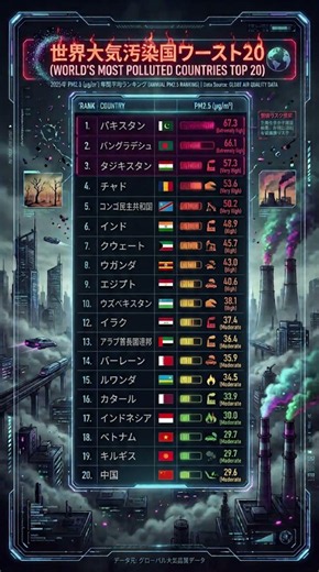 【衝撃】呼吸するだけで危険！？世界大気汚染国ワースト20がヤバすぎる…#大気汚染 #環境問題 #地理 #雑学 #ランキング #PM25 #SDGs #世界情勢 #データサイエンス #サイバーパンク
