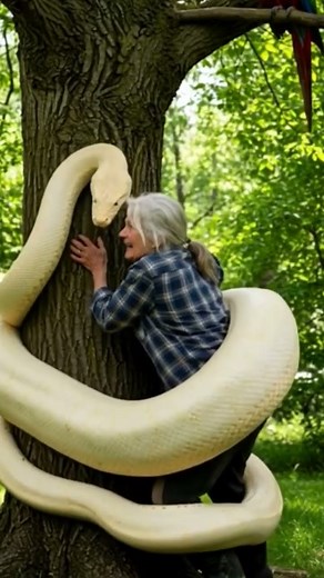 An elderly woman in outdoor clothing stands pressed against a large tree giant albino python coils.