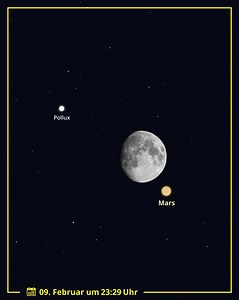 1.6K views · 20 reactions | Der rote Mars verliert im Februar an Helligkeit, ist aber dennoch nicht zu übersehen. Am heutigen Nachthimmel können wir beobachten, wie der fast volle Mond in Richtung des Sterns Pollux an ihm vorbeiwandert. Beeindruckend nah kommen sich die beiden Himmelskörper am Abendhimmel. Video: Stellarium, Planetarium Hamburg | Planetarium Hamburg | Facebook